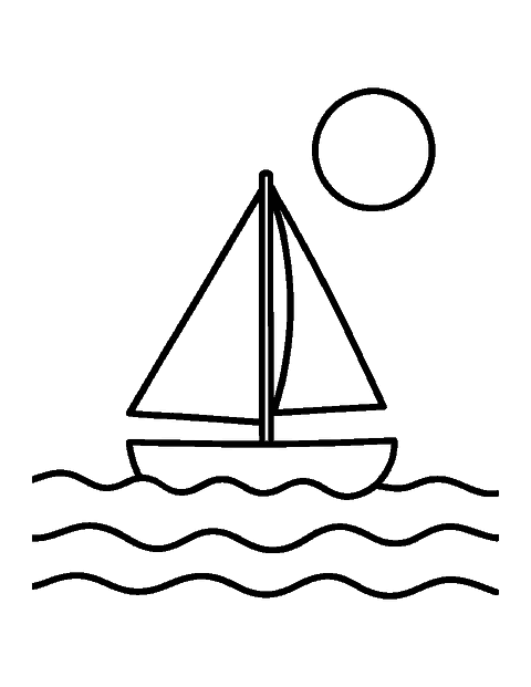 Line drawing of a small sailboat with a triangular sail on rolling waves