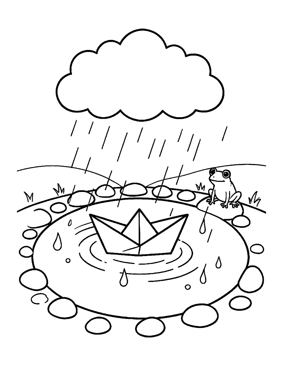Line drawing of a paper boat sailing across a rain puddle beside a frog on a stone