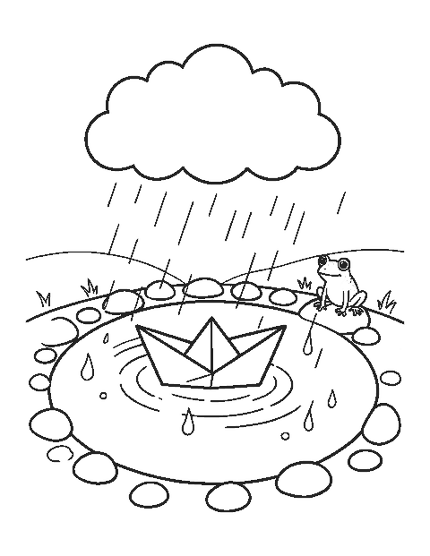 Line drawing of a paper boat sailing across a rain puddle beside a frog on a stone