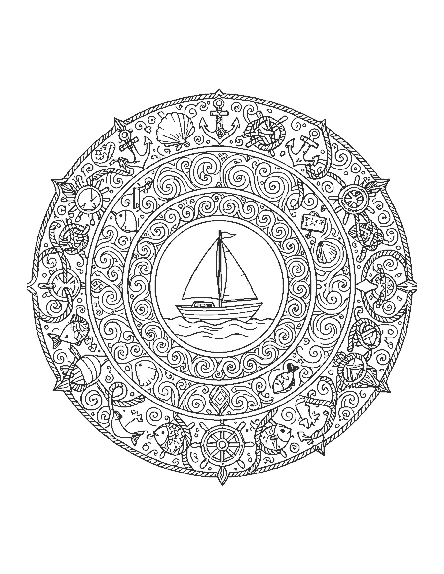 Line drawing of a sailboat mandala ringed by waves, anchors, ship wheels and shells