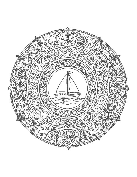 Line drawing of a sailboat mandala ringed by waves, anchors, ship wheels and shells