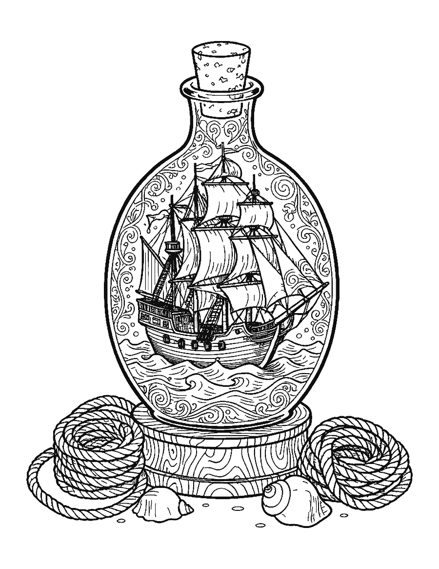 Line drawing of a detailed sailing ship inside a glass bottle on a wooden stand
