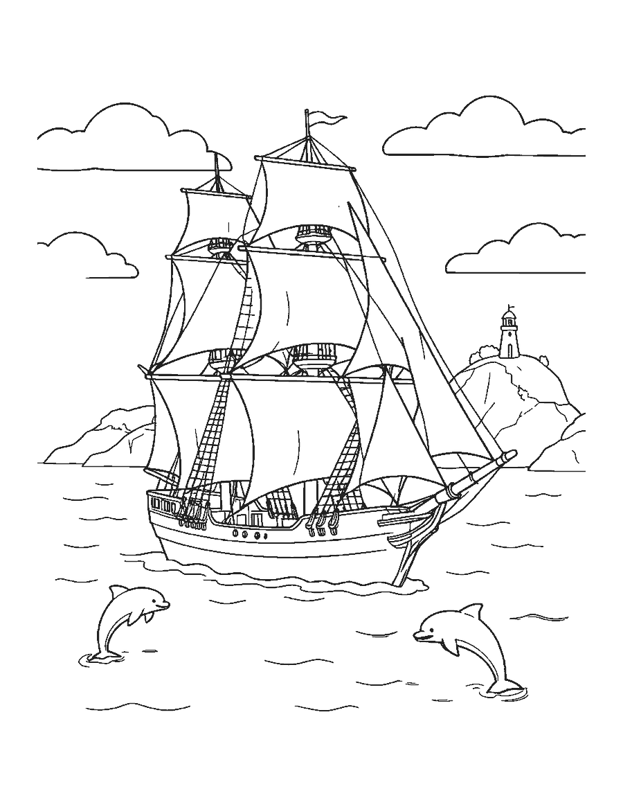 Line drawing of a three-masted sailing ship at sea with dolphins and a lighthouse