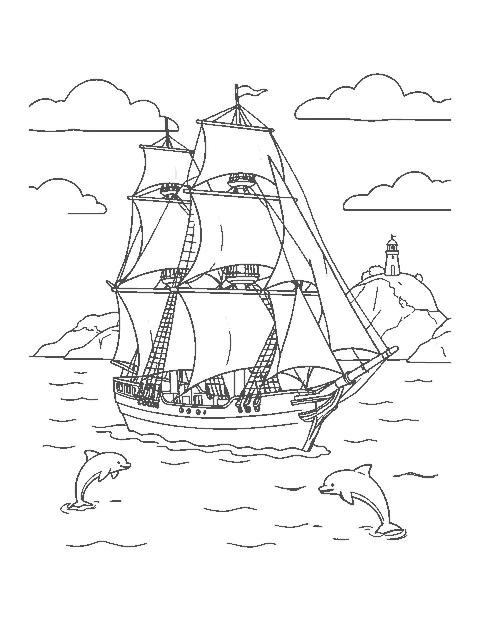 Line drawing of a three-masted sailing ship at sea with dolphins and a lighthouse