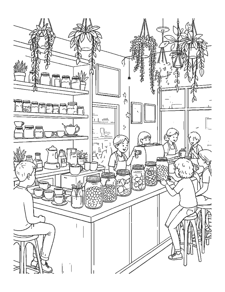 Line drawing of a bubble tea cafe counter with a barista, jars of pearls and customers
