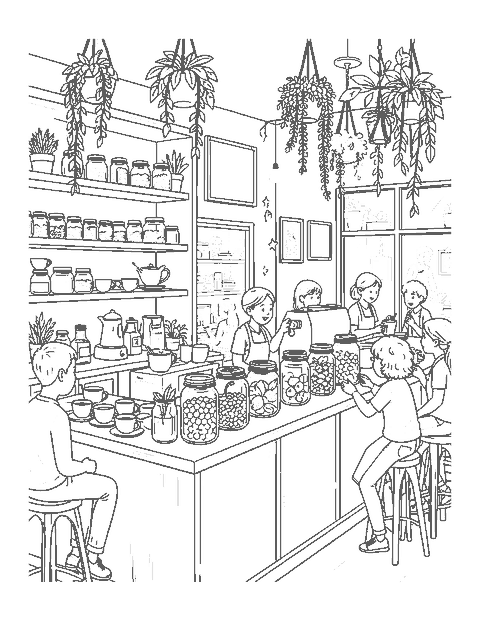 Line drawing of a bubble tea cafe counter with a barista, jars of pearls and customers