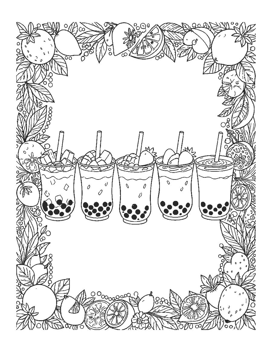 Line drawing of five bubble tea drinks inside a border of fruit, leaves and pearls