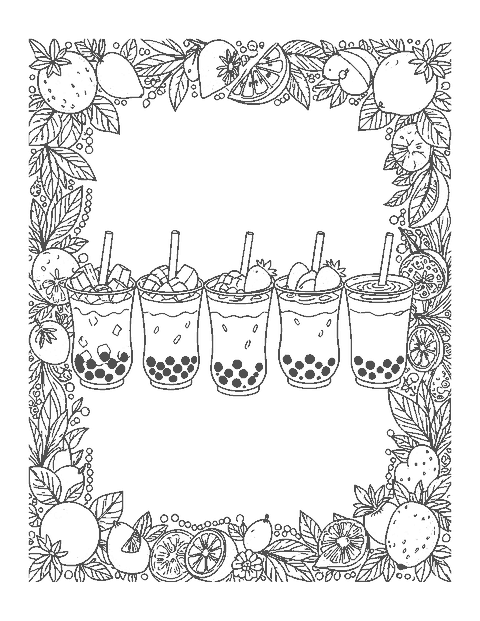 Line drawing of five bubble tea drinks inside a border of fruit, leaves and pearls