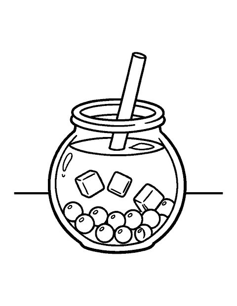 Line drawing of bubble tea in a round glass jar with pearls, ice and a fat straw