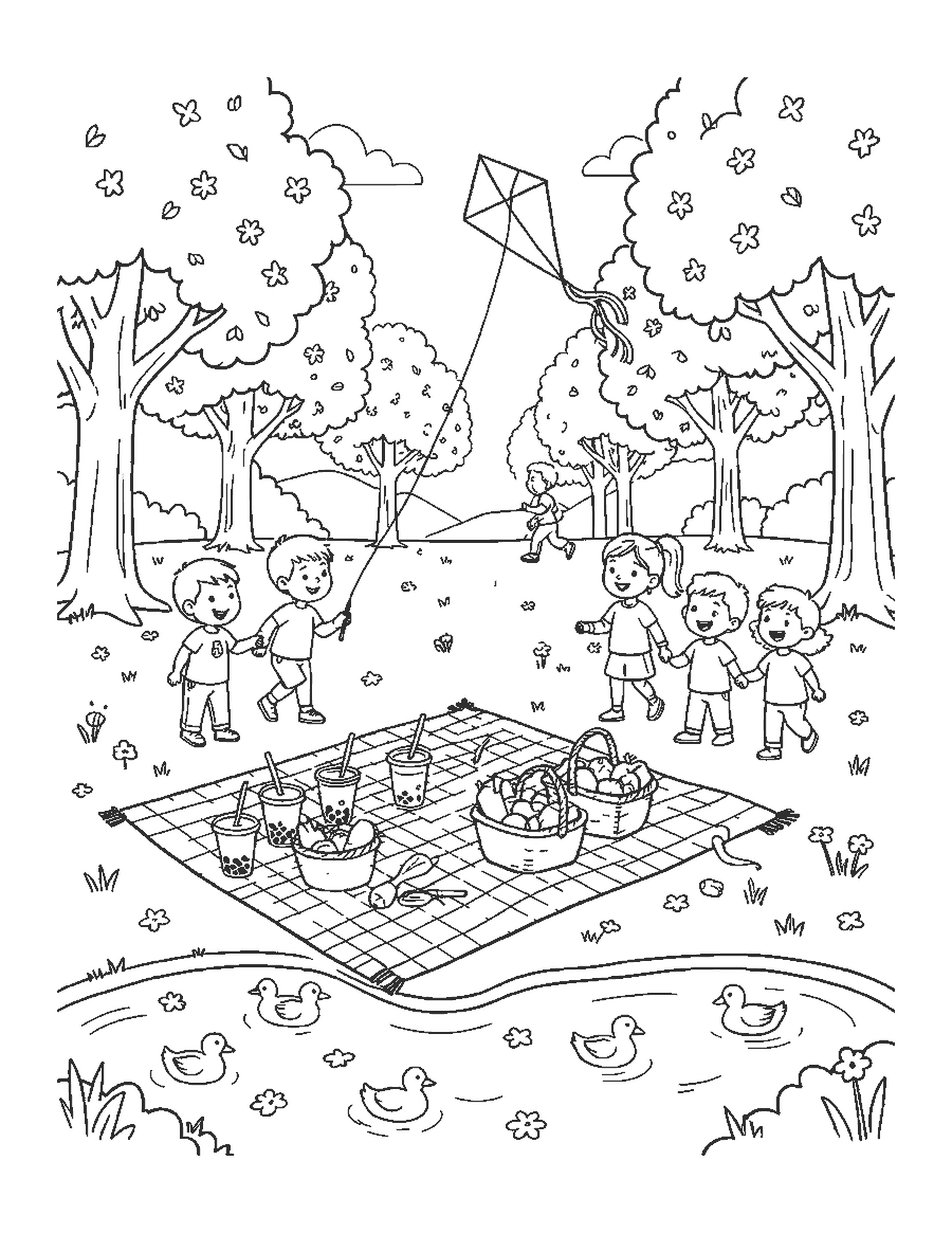 Line drawing of a park picnic with bubble tea, kids flying a kite and cherry blossom trees