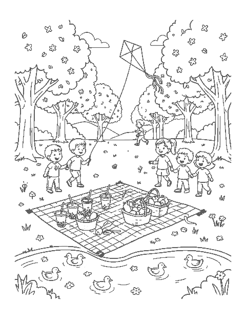 Line drawing of a park picnic with bubble tea, kids flying a kite and cherry blossom trees