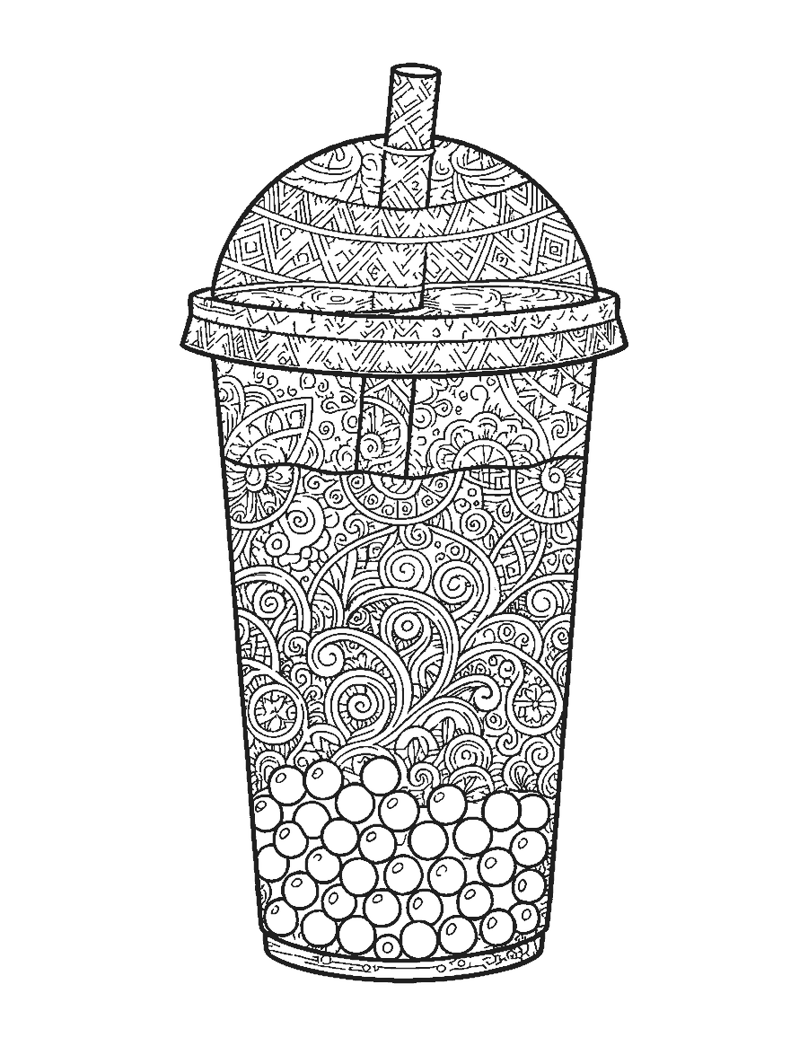 Line drawing of a tall bubble tea cup filled with intricate doodle patterns