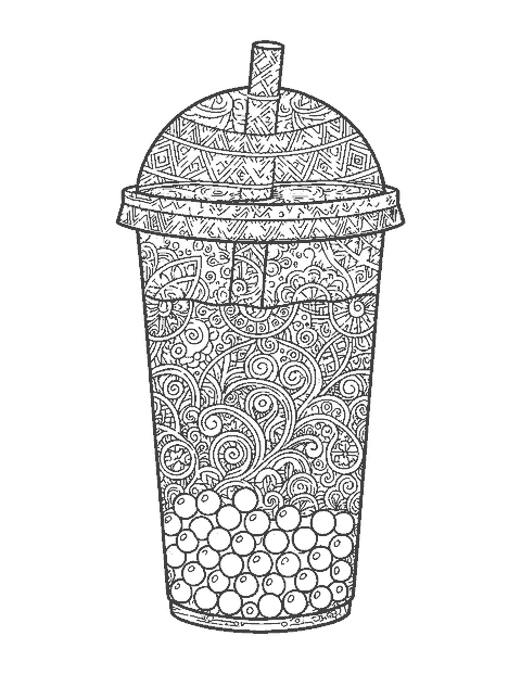 Line drawing of a tall bubble tea cup filled with intricate doodle patterns