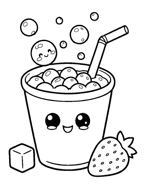 Line drawing of cute smiling tapioca pearls jumping into a cup of milk tea
