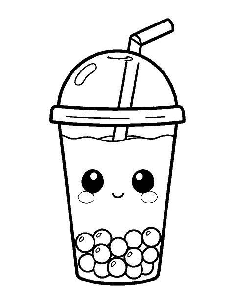 Line drawing of a cute bubble tea cup with a smiling face, a wide straw and pearls