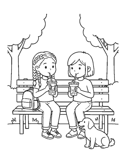 Line drawing of two friends on a bench sipping bubble tea with a dog at their feet