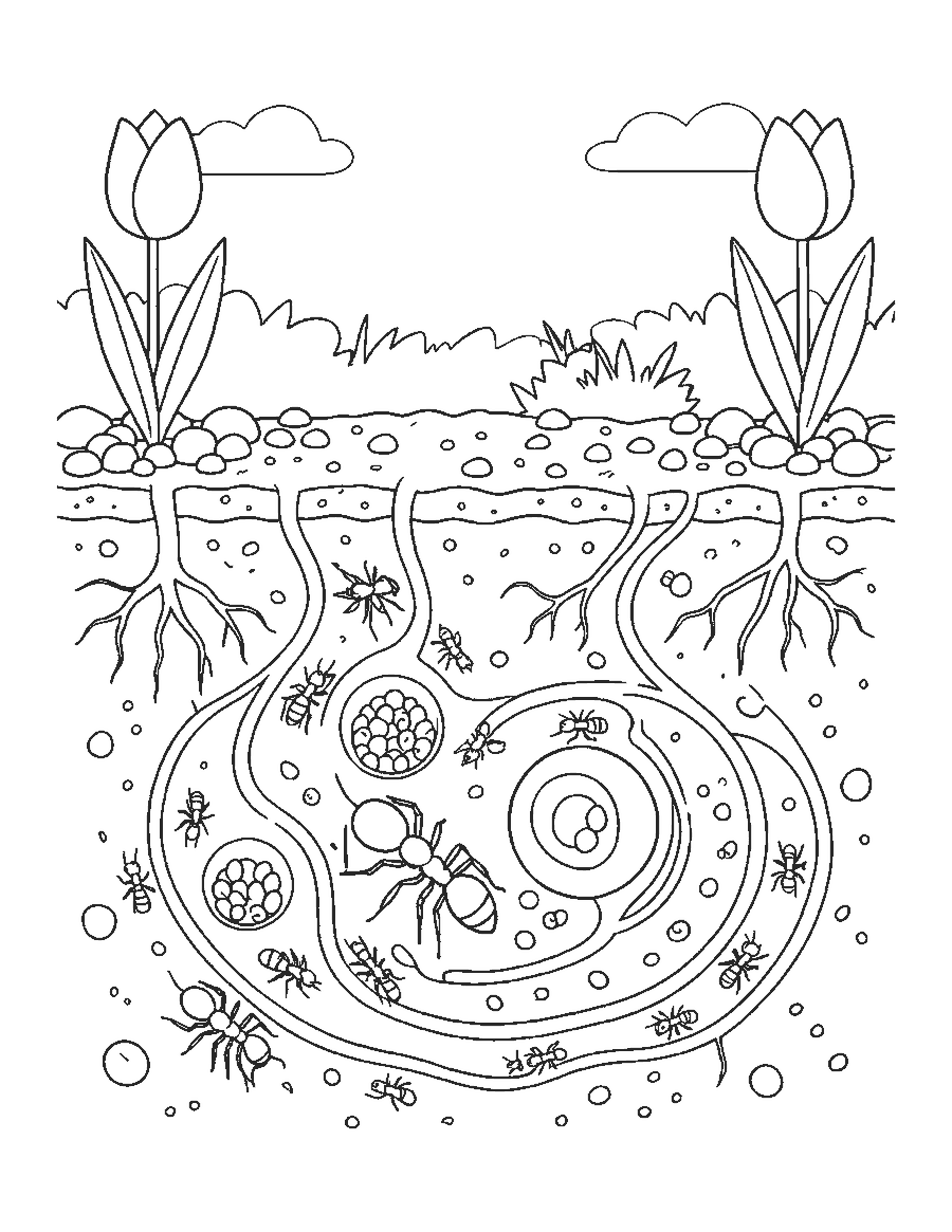 Line drawing of ant tunnels under a garden with a queen ant, eggs and worker ants