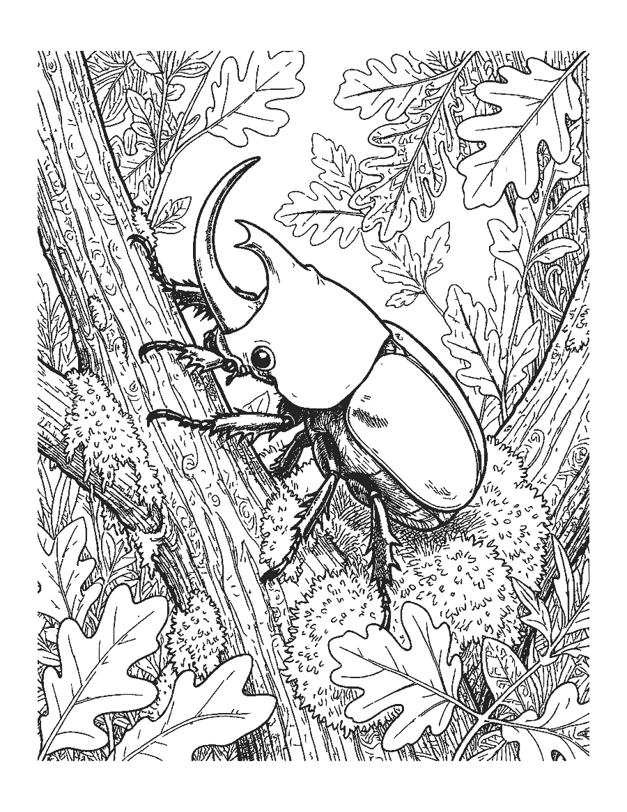 Line drawing close-up of a horned rhinoceros beetle climbing a mossy twig