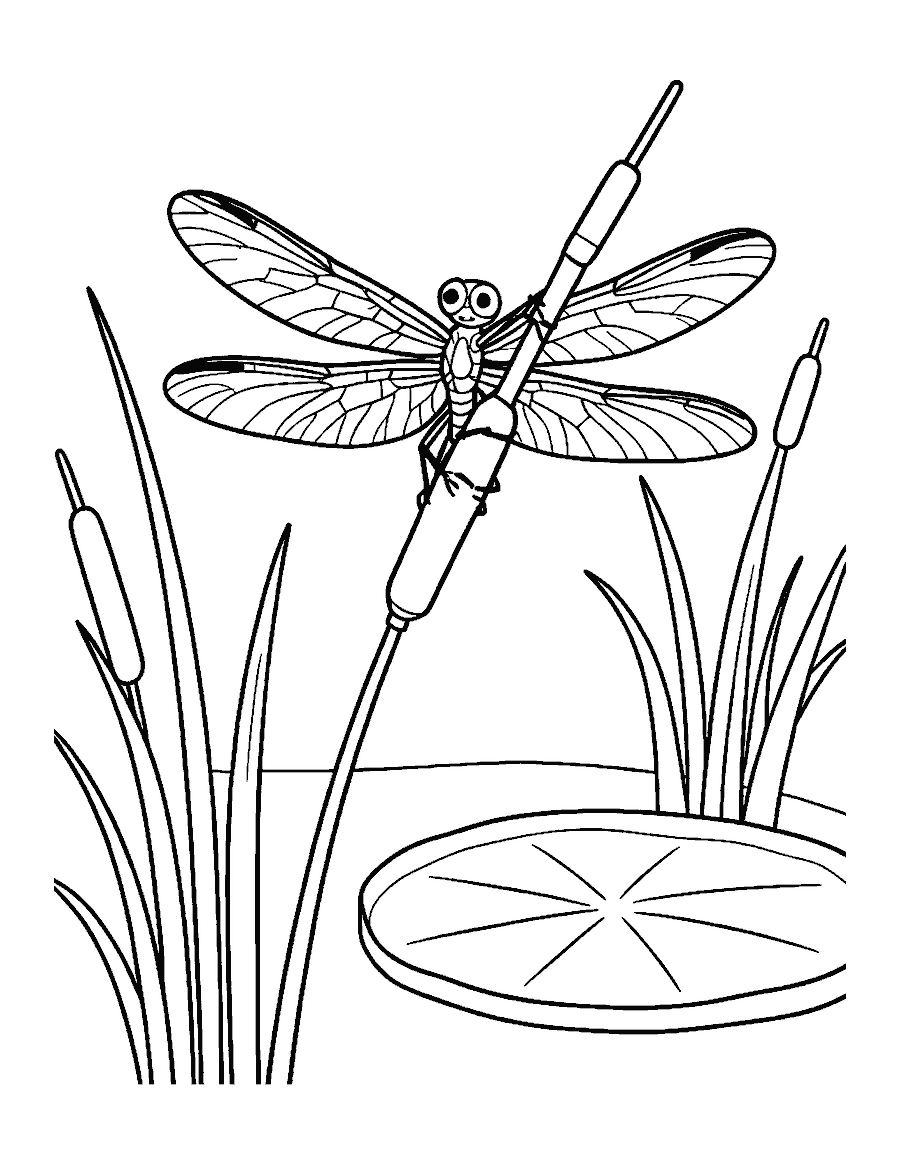 Line drawing of a dragonfly with four veined wings resting on a cattail by a lily pad