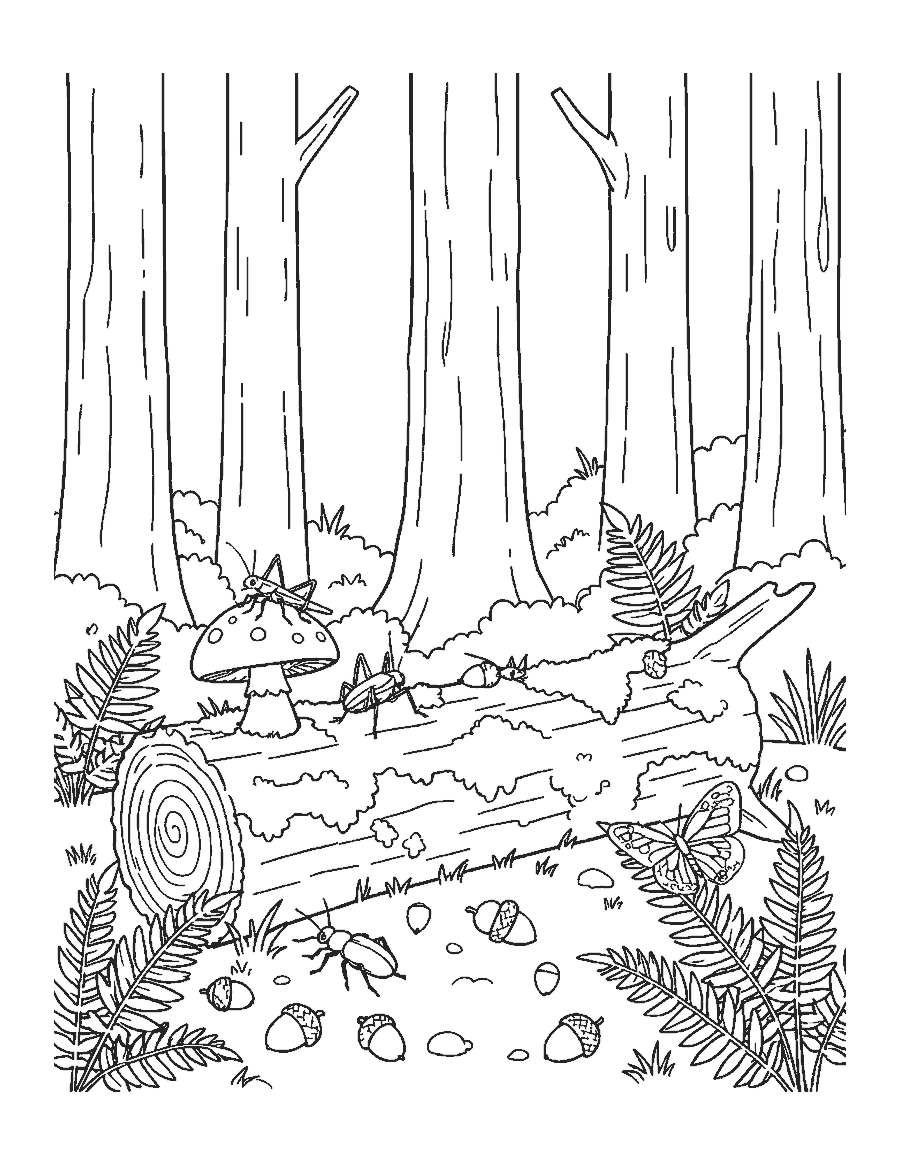 Line drawing of a cricket, a beetle and a butterfly on a mossy log in the woods