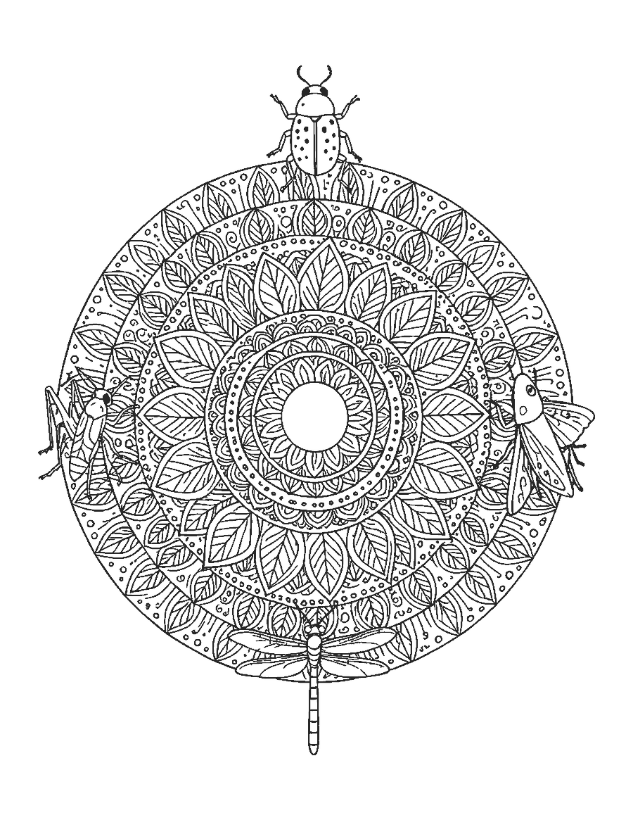 Line drawing of a round mandala with a beetle, a dragonfly, a grasshopper and a moth