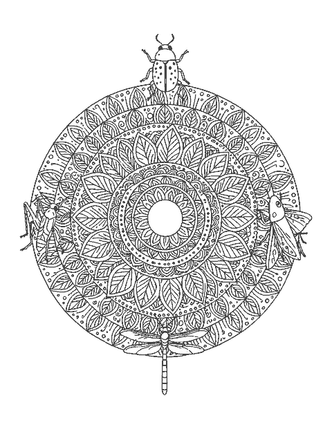 Line drawing of a round mandala with a beetle, a dragonfly, a grasshopper and a moth