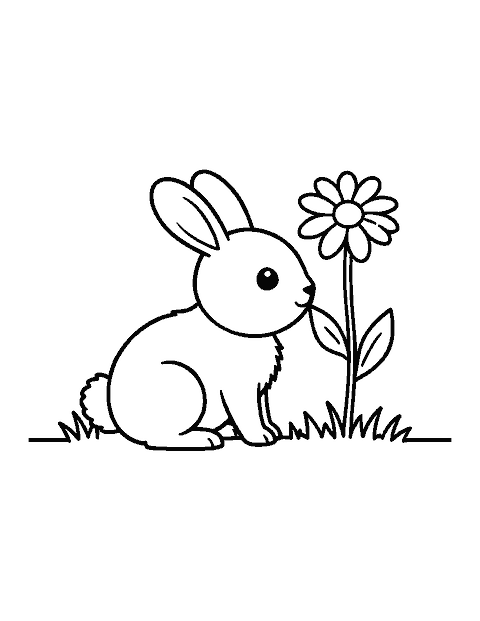 Line drawing of a baby bunny sniffing a tall daisy