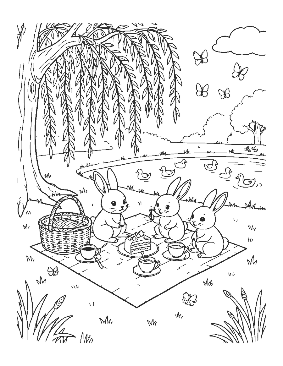 Line drawing of four bunnies having a picnic on a blanket under a willow tree by a pond