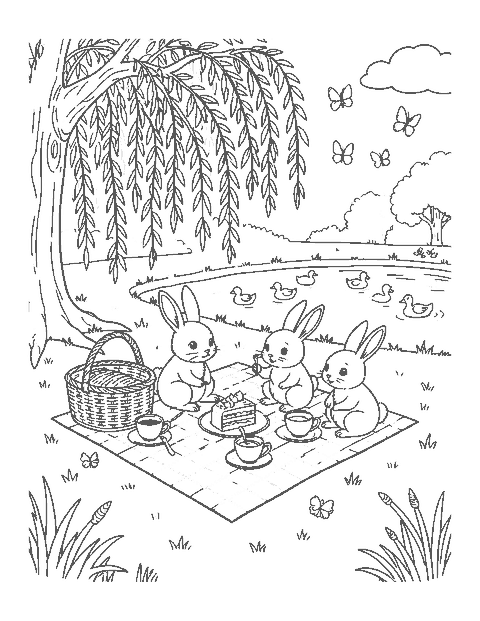Line drawing of four bunnies having a picnic on a blanket under a willow tree by a pond