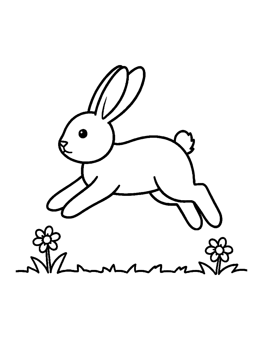 Line drawing of a bunny mid-hop with its ears flying back over a grassy line