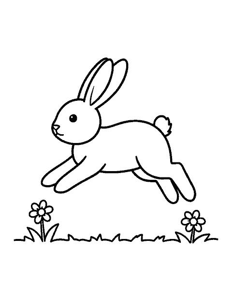 Line drawing of a bunny mid-hop with its ears flying back over a grassy line