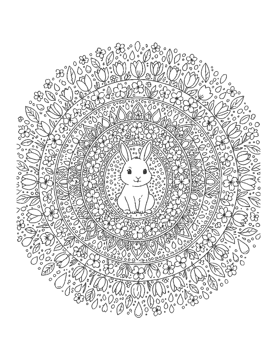Line drawing of a bunny at the center of a round mandala made of blossoms and leaves