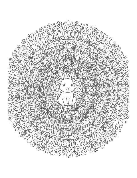 Line drawing of a bunny at the center of a round mandala made of blossoms and leaves
