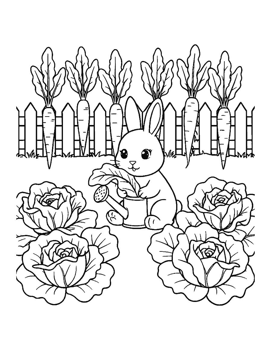 Line drawing of a bunny nibbling lettuce in a garden patch beside a watering can and fence