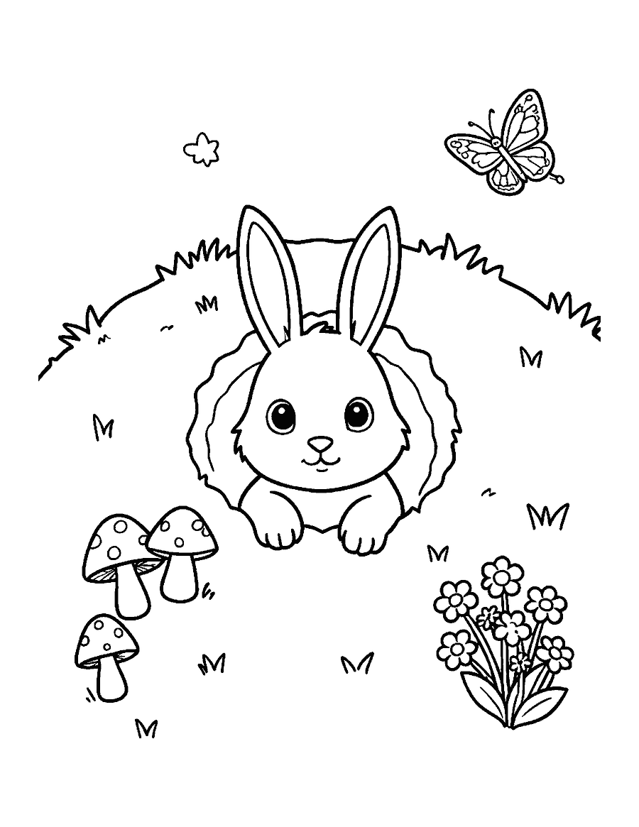 Line drawing of a bunny peeking out of a burrow in a grassy bank with mushrooms and a butterfly