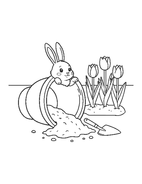 Line drawing of a bunny peeking out of a tipped clay flower pot beside sprouting tulips