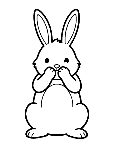 Line drawing of a bunny sitting up and grooming its face with its front paws