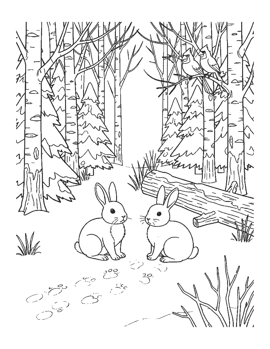 Line drawing of two cottontail rabbits in snowy woods with paw prints, pine trees and a cardinal