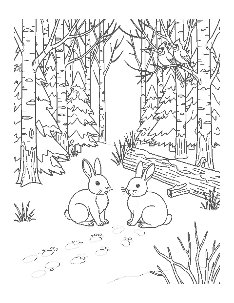 Line drawing of two cottontail rabbits in snowy woods with paw prints, pine trees and a cardinal