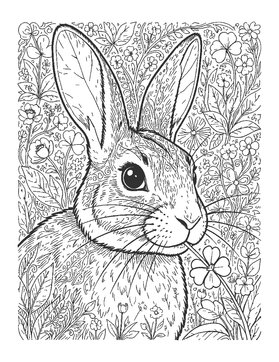 Line drawing close-up of a wild rabbit's head with detailed fur, ears and whiskers