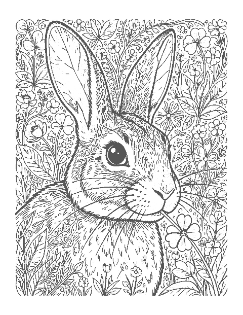 Line drawing close-up of a wild rabbit's head with detailed fur, ears and whiskers