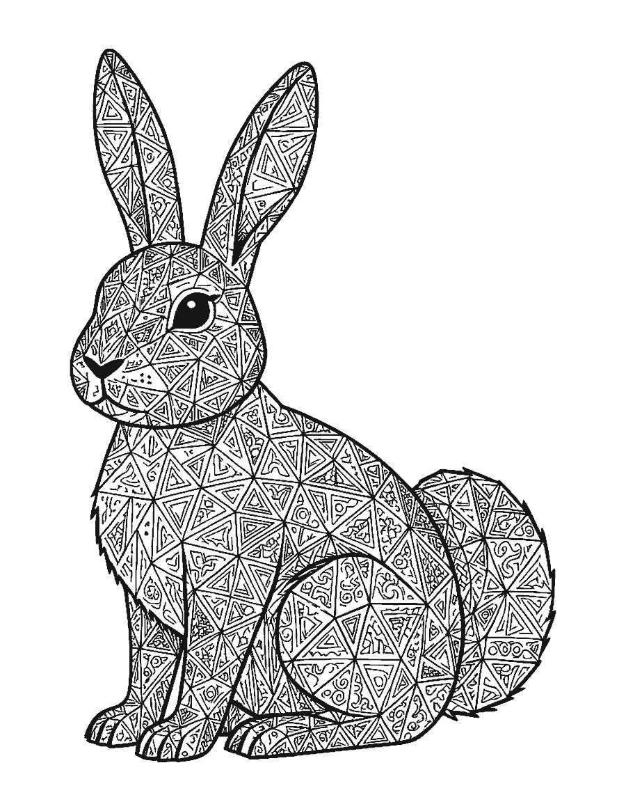Line drawing of a geometric rabbit built from many small triangles and diamonds