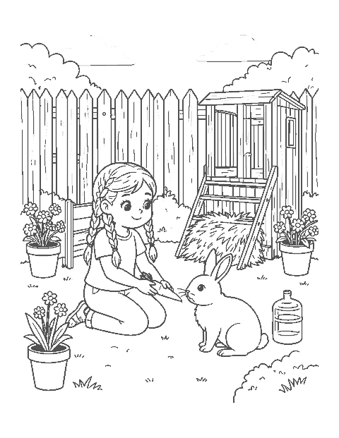 Line drawing of a girl handing a carrot to her pet rabbit beside a wooden hutch