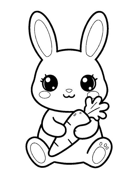 Line drawing of a cute chibi bunny with big eyes hugging a large carrot