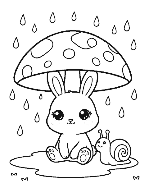 Line drawing of a cute bunny sheltering from rain under a big spotted mushroom beside a snail