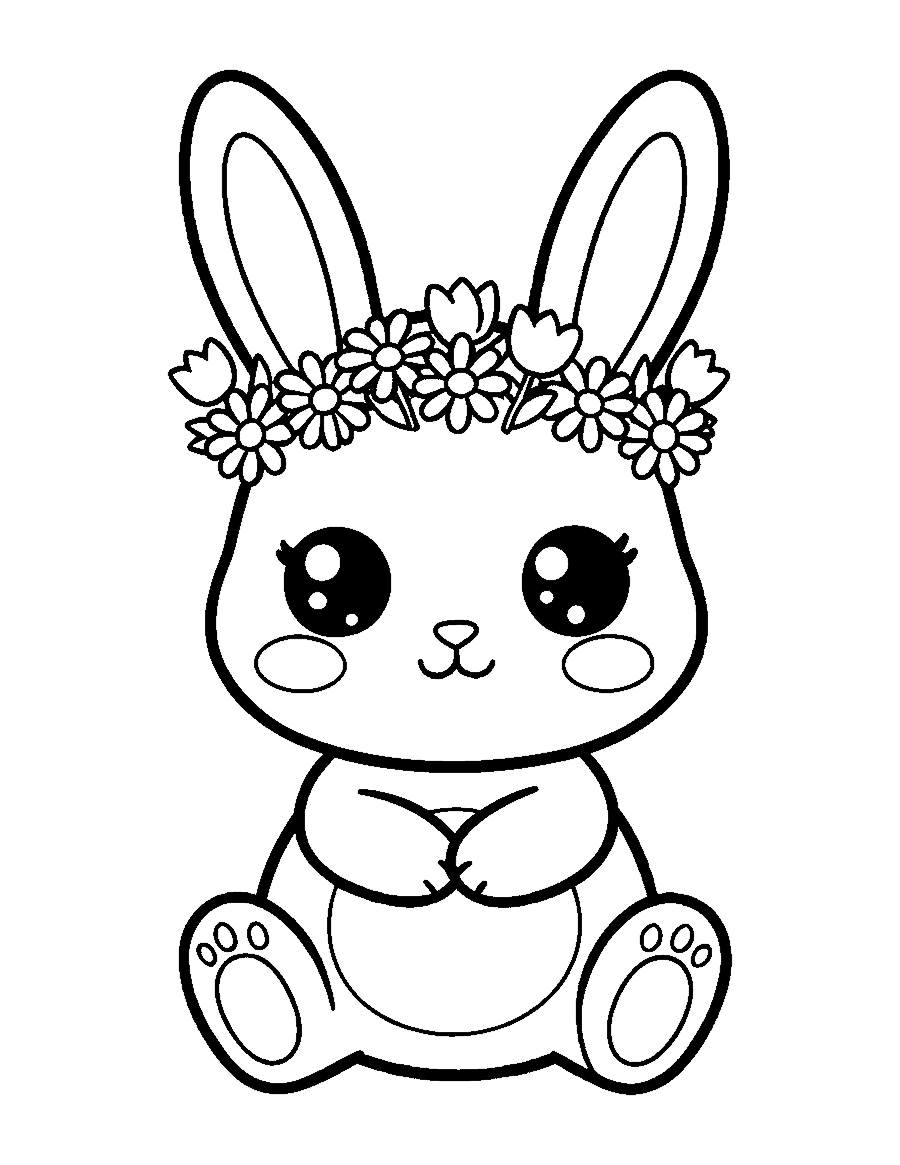 Line drawing of a cute chibi bunny wearing a crown of small flowers