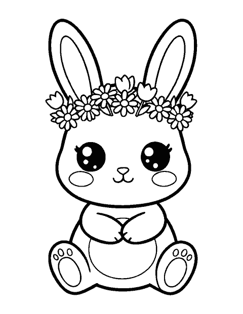 Line drawing of a cute chibi bunny wearing a crown of small flowers