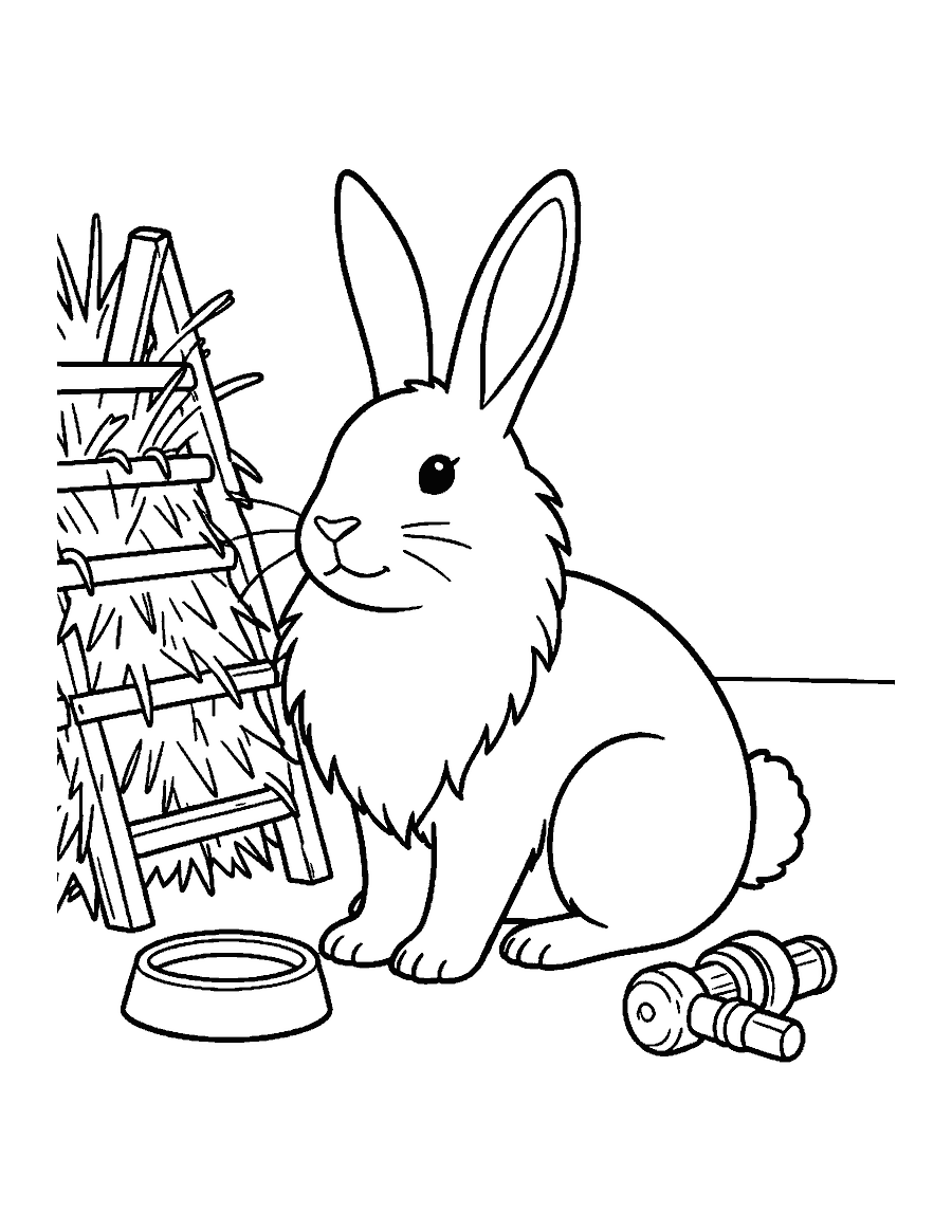 Line drawing of a lionhead bunny beside a hay rack, a water bowl, a chew toy and a cardboard tunnel