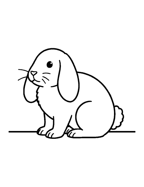 Line drawing of a plump lop-eared rabbit with drooping ears sitting side-on