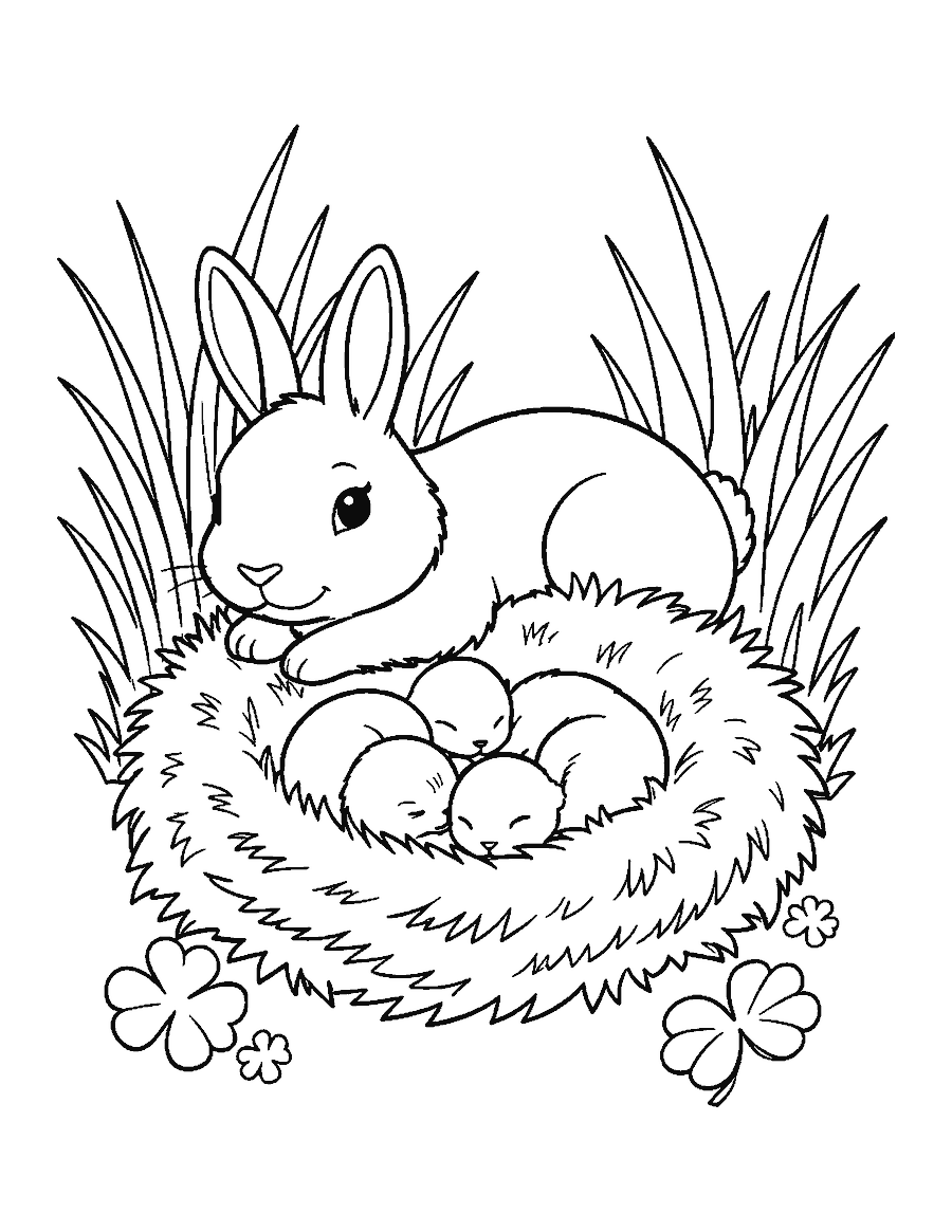 Line drawing of a mother rabbit beside a grassy nest of four sleeping baby rabbits